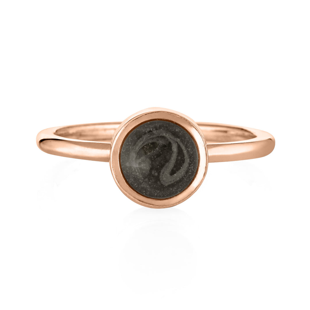 This photo shows the 8mm Circle Stacking Ashes Ring design in 14K Rose Gold designed by close by me jewelry from the front