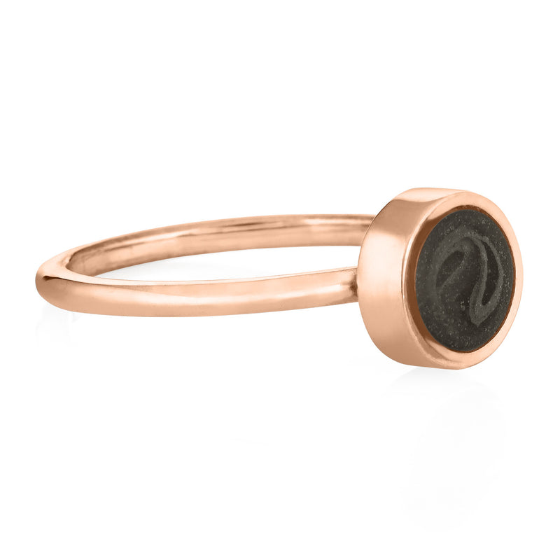 This photo shows the 8mm Circle Stacking Ashes Ring design in 14K Rose Gold designed by close by me jewelry from the side