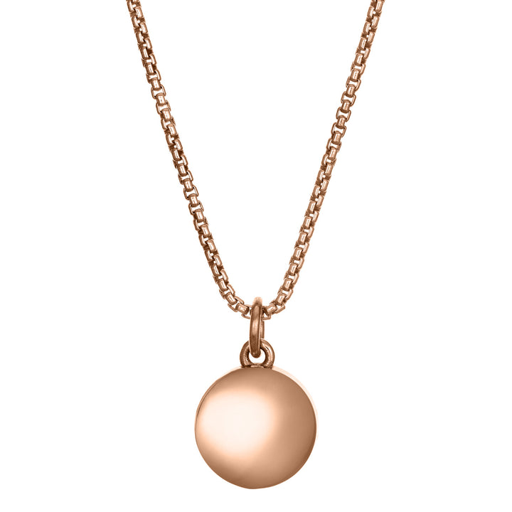 This photo shows the 8mm Dome Ashes Necklace designed and set by close by me jewelry in 14K Rose Gold from the back