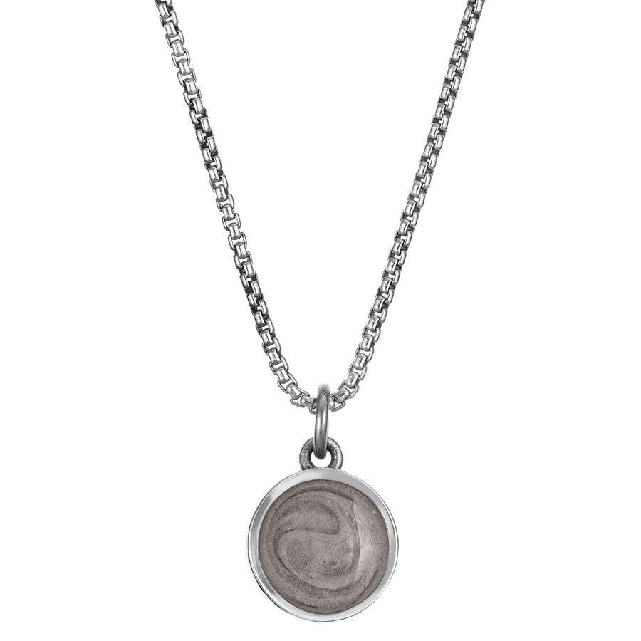 This photo shows the 8mm Dome Ashes Necklace designed and set by close by me jewelry in 14K White Gold from the front