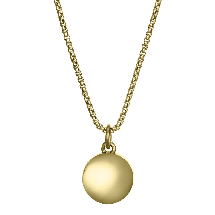This photo shows the 8mm Dome Ashes Necklace designed and set by close by me jewelry in 14K Yellow Gold from the back