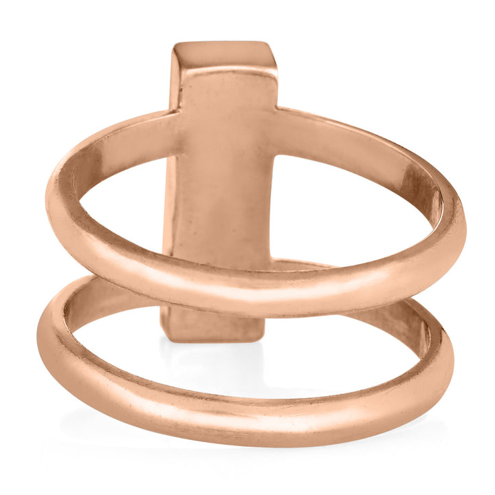 Pictured here is close by me's 14K Rose Gold Bar Cremation Ring from the back to show its double-bands and back of the setting