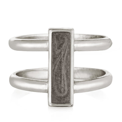 Pictured here is the Sterling Silver Bar Cremation Ring design by close by me jewelry from the front to show its light gray cremation setting