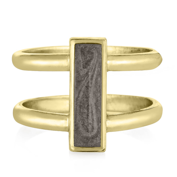 Pictured here is the 14K Yellow Gold Bar Ashes Ring by close by me jewelry from the front to show its light gray ashes setting