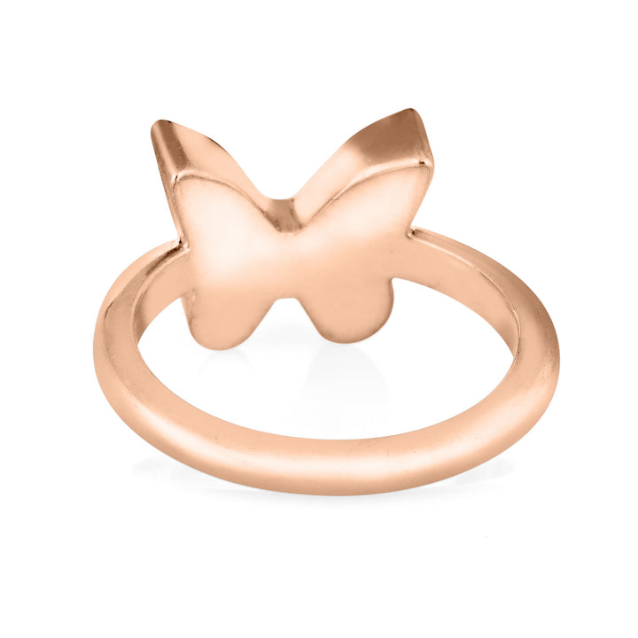 Pictured here is close by me jewelry's 14K Rose Gold Butterfly Cremation Ring from the back to show the detail of the band and back of the setting