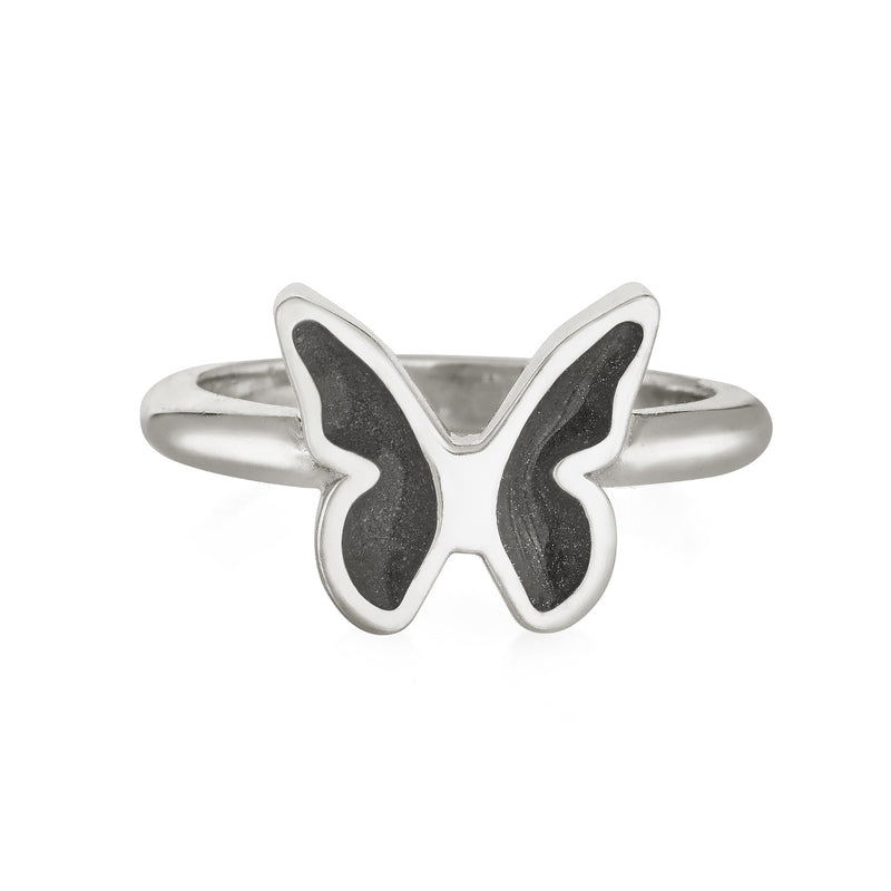 Pictured here is the Butterfly Cremation Ring design by close by me jewelry in Sterling Silver from the front. The ashes setting in each wing is dark gray.