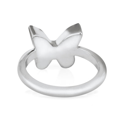 Pictured here is close by me jewelry's 14K White Gold Butterfly Cremation Ring design from the back to show the back of its ashes setting and band detail