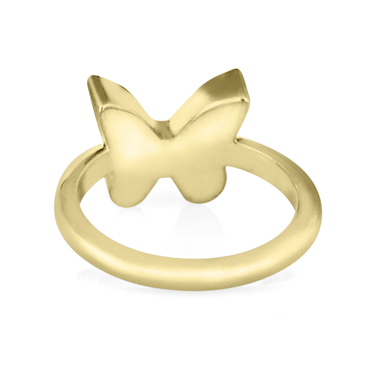 Pictured here is a 14K Yellow Gold Butterfly Ashes Ring Design by close by me jewelry from the back to show the back of the setting and detail of the band