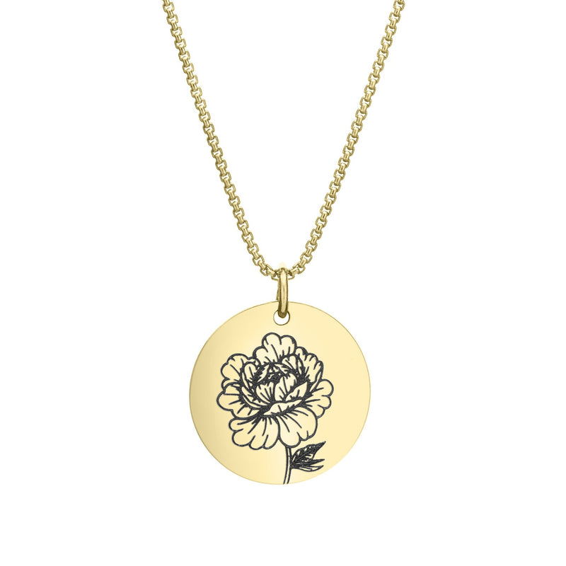 Circle Necklace with Birth-Flower Engraving in 14K Yellow Gold