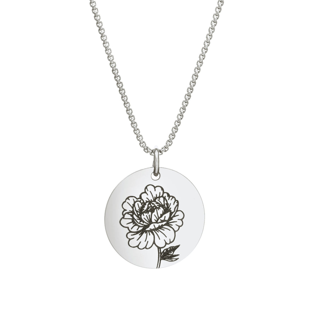 Circle Necklace with Birth-Flower Engraving in Sterling Silver