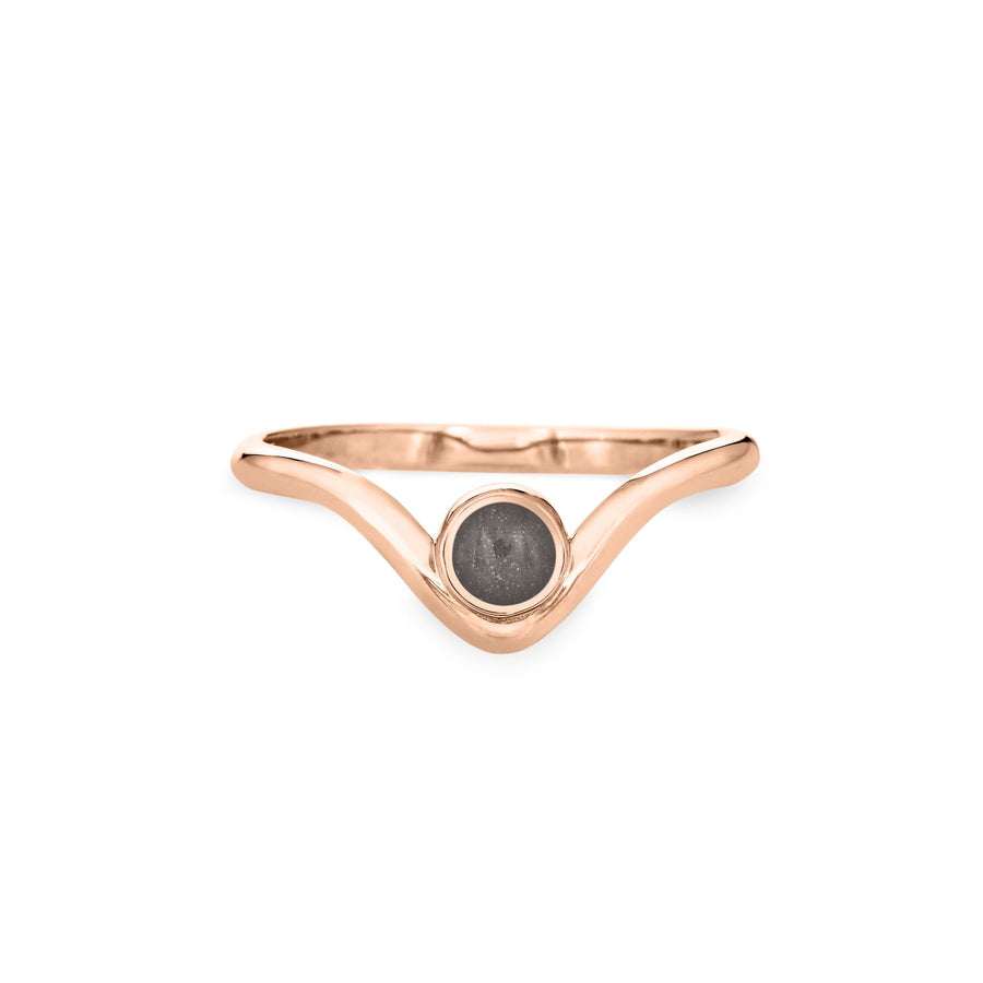 Pictured here is the Chevron Circle Ashes Ring design by close by me jewelry in 14K Rose Gold from the front to show its medium gray ashes setting