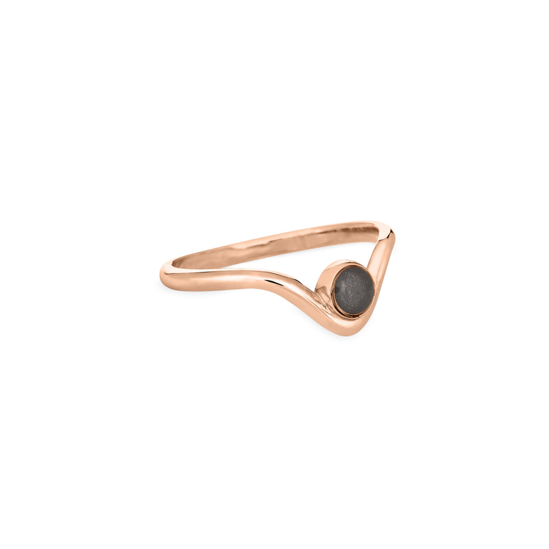 Pictured here is the Chevron Circle Ashes Ring design by close by me jewelry in 14K Rose Gold from the side to show the thickness of the casting and bezel