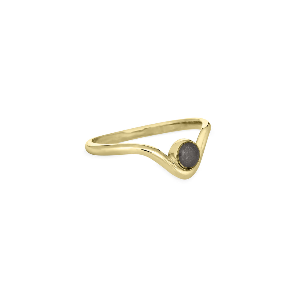 Pictured here is close by me jewelry's 14K Yellow Gold Chevron Circle Cremation Ring design from the side to show the thickness of its bezel and band