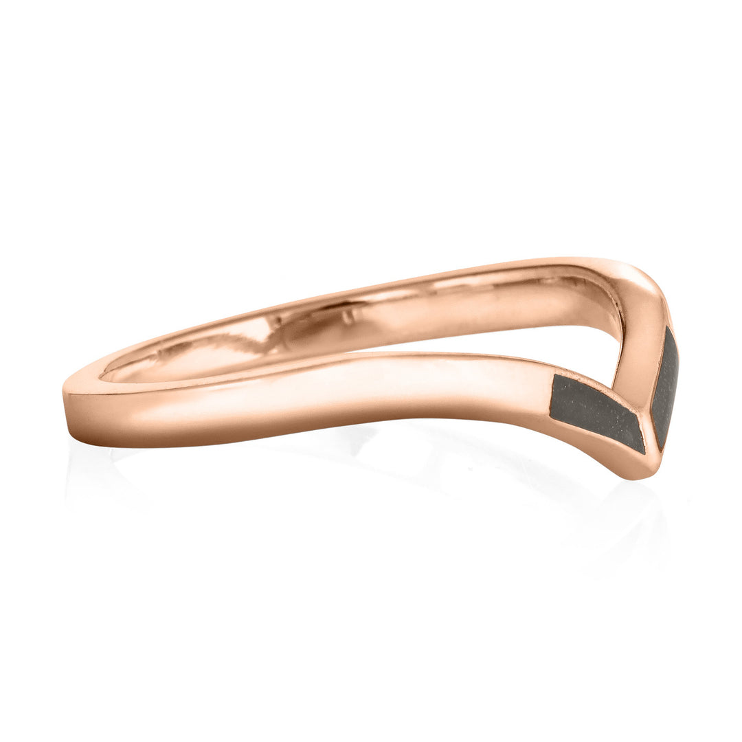 Pictured here is close by me jewelry's 14K Rose Gold Chevron Cremains Ring from the side to show the thickness of the band