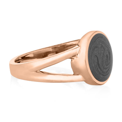 This is a side facing photo of close by me's Circle Split Shank Ring in 14K Rose Gold