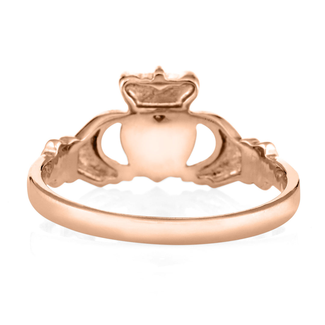 This photo shows the 14K Rose Gold Claddagh Cremation Ring design by close by me jewelry from the back to show the back of the setting and inside of the band