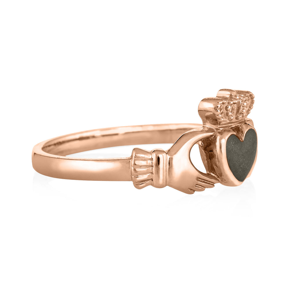 This photo shows the 14K Rose Gold Claddagh Cremation Ring design by close by me jewelry from the side to show the thickness of the bezel and band