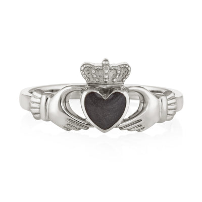 Pictured here is the Claddagh Ashes Ring design by close by me jewelry in Sterling Silver from the front to show its dark grey cremation setting