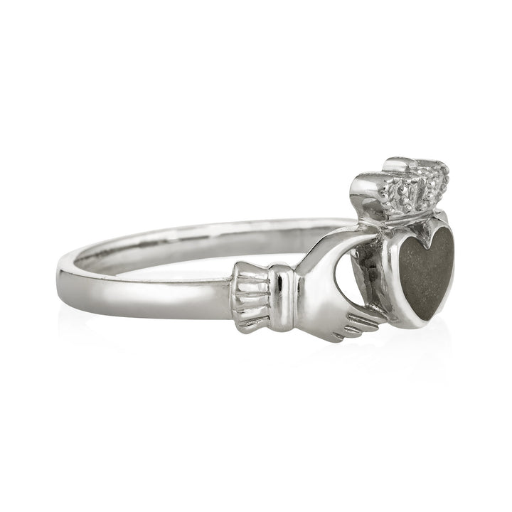 Pictured here is the Claddagh Ashes Ring design by close by me jewelry in Sterling Silver from the side to show the thickness of the bezel and band