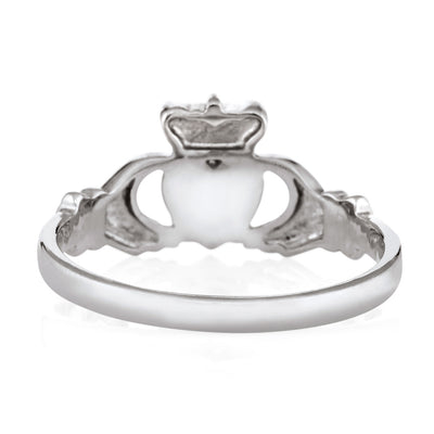 Pictured here is close by me jewelry's 14K White Gold Claddagh Ashes Ring design from the back to show the inside of the band and back of the setting