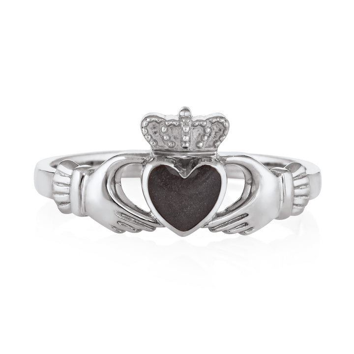 Pictured here is close by me jewelry's 14K White Gold Claddagh Ashes Ring design from the front to show its dark gray cremation setting