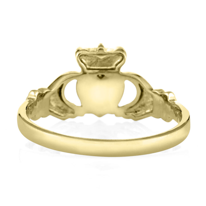 Pictured here is the Claddagh Ashes Ring design in 14K Yellow Gold by close by me jewelry from the back to show the back of the setting and inside of the band