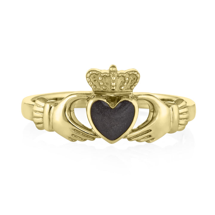 Pictured here is the Claddagh Ashes Ring design in 14K Yellow Gold by close by me jewelry from the front to show the dark grey cremation setting
