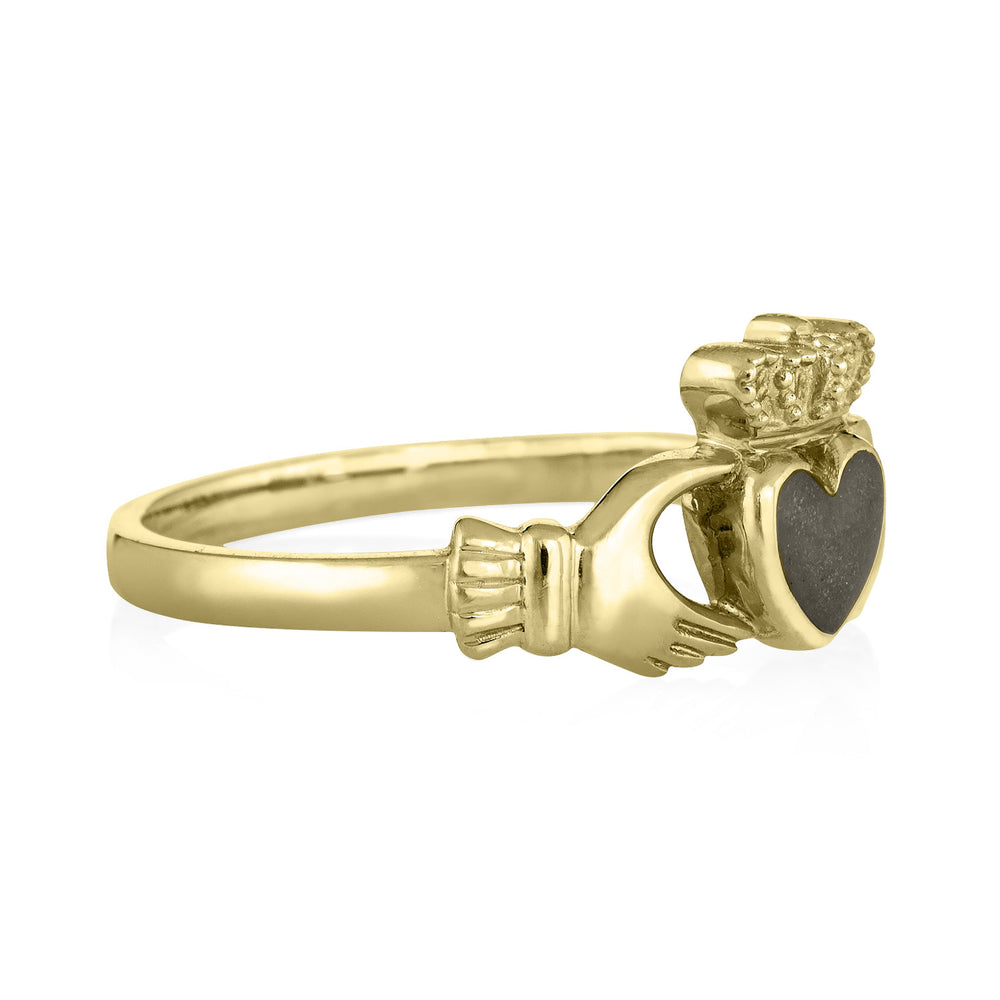 Pictured here is the Claddagh Ashes Ring design in 14K Yellow Gold by close by me jewelry from the side to show the thickness of its band and bezel