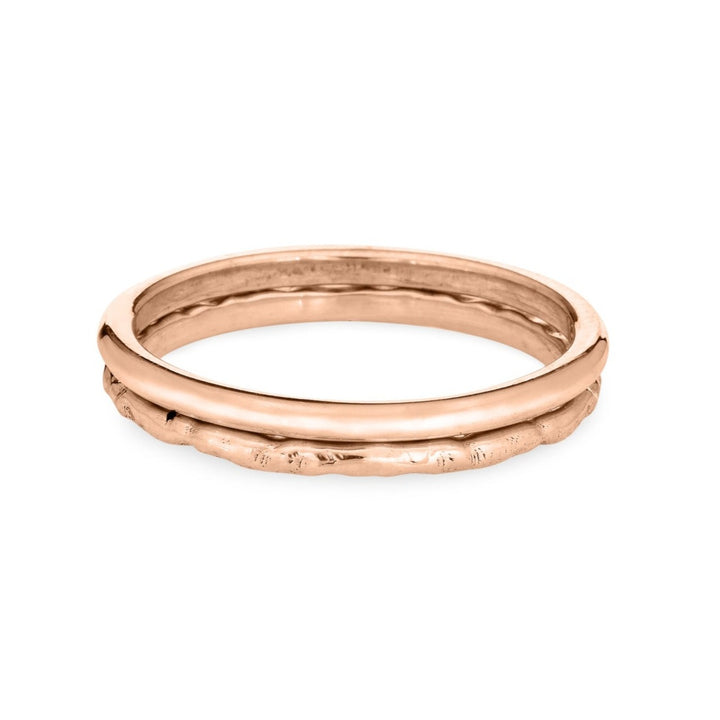 Pictured here are both finishes of close by me jewelry's 14K Rose Gold Companion Stacking Rings stacked on top of each other