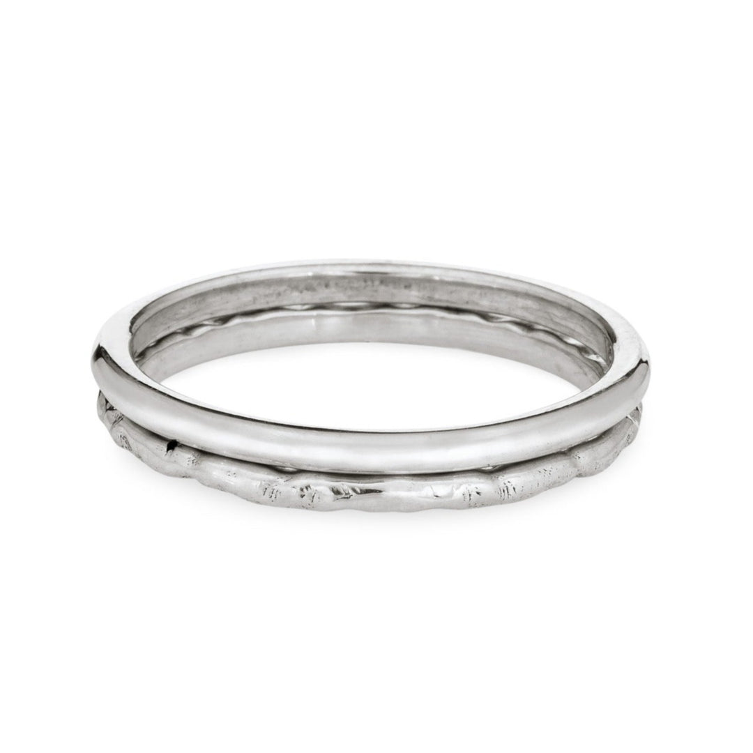 Pictured here are both finishes of close by me jewelry's 14K White Gold Companion Stacking Rings stacked on top of each other