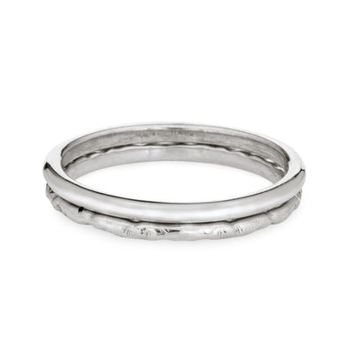 Pictured here are both finishes of close by me jewelry's 14K White Gold Companion Stacking Rings stacked on top of each other