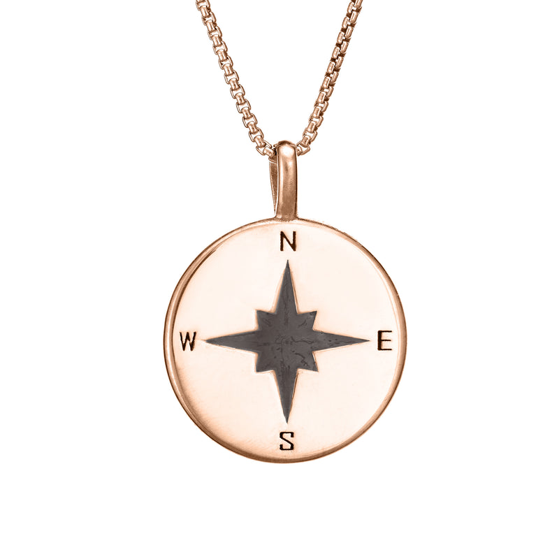 This photo shows the Compass Cremation Pendant design with a shiny finish by close by me jewelry in 14K Rose Gold from the front