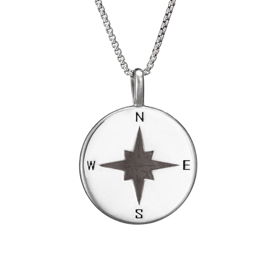 This photo shows the Compass Cremation Pendant design with a shiny finish by close by me jewelry in Sterling Silver from the front