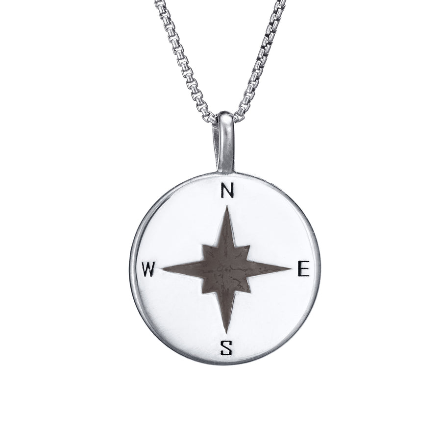 This photo shows the Compass Cremation Pendant design with a shiny finish by close by me jewelry in 14K White Gold from the front
