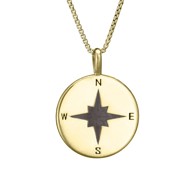 This photo shows the Compass Cremation Pendant design with a shiny finish by close by me jewelry in 14K Yellow Gold from the front