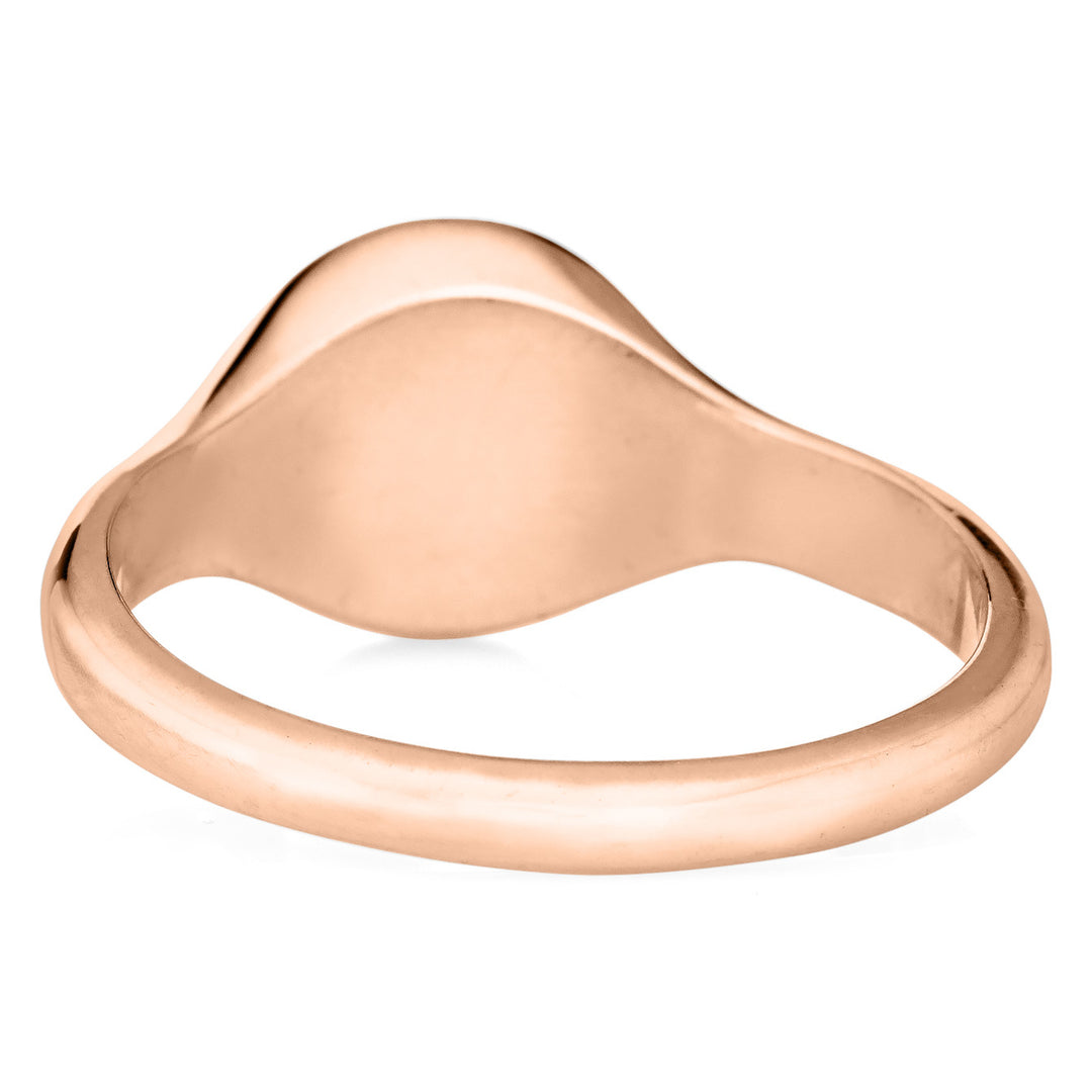 Pictured here is the Men's Compass Signet Cremation Ring design by close by me jewelry in 14K Rose Gold from the back to show the back of the setting and band detail
