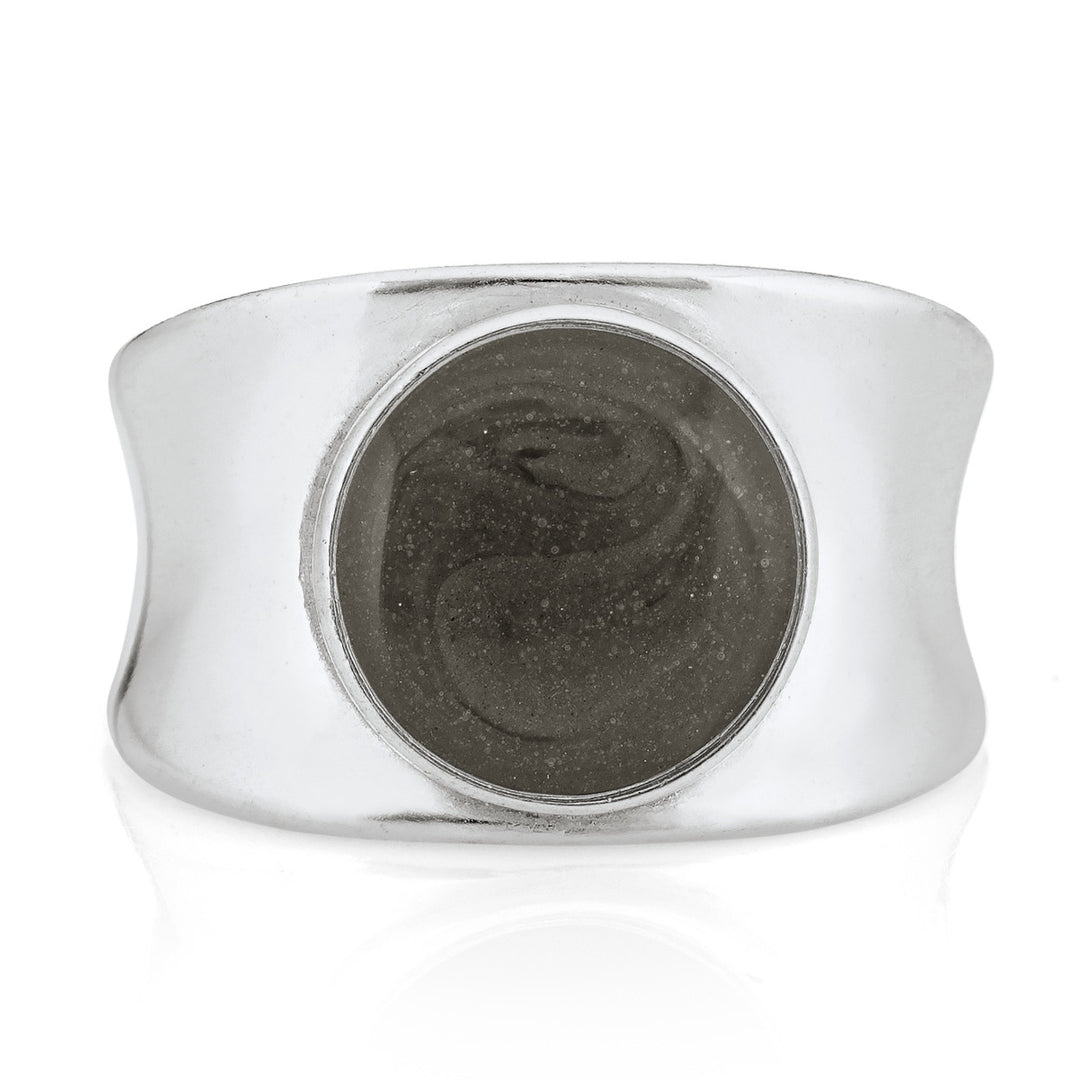 This photo shows the Concave Band Cremains Ring design by close by me jewelry in 14K White Gold from the front