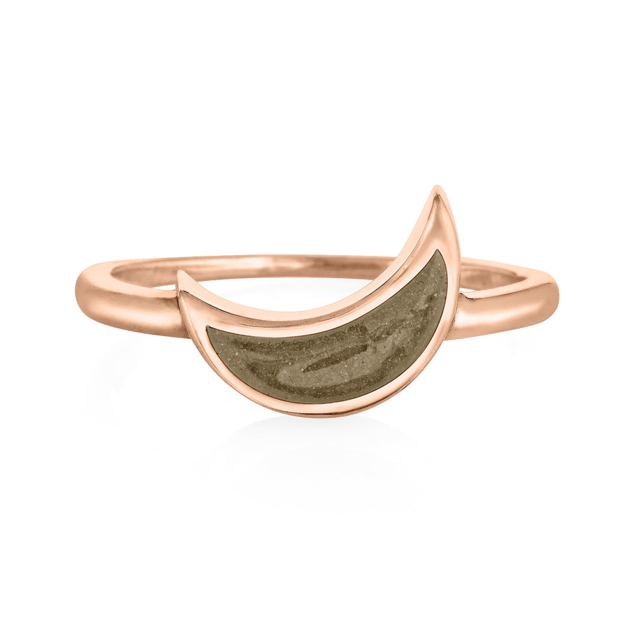 This photo shows the Crescent Moon Ring design by close by me jewelry in 14K Rose Gold from the front to show its light brown ashes setting