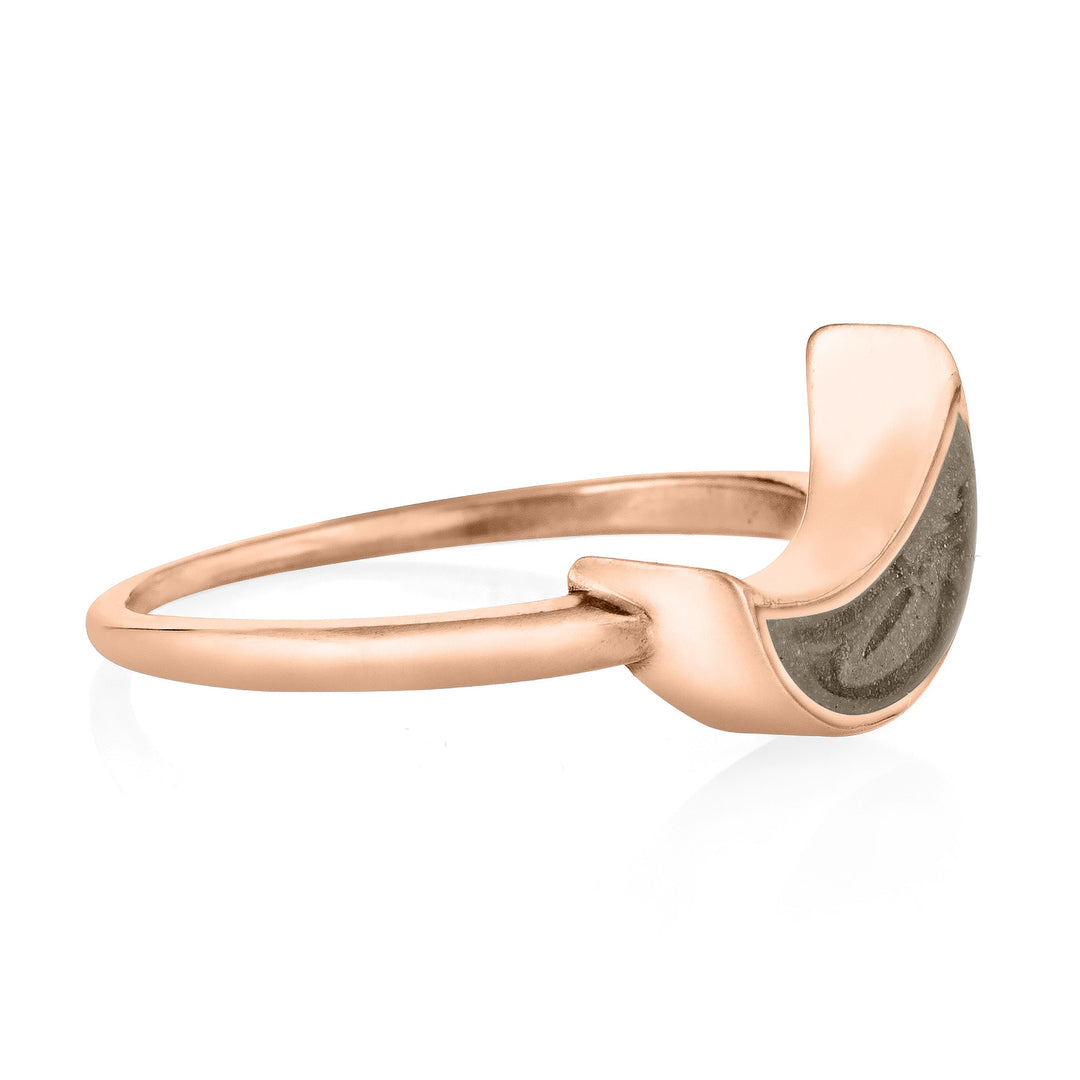 This photo shows the Crescent Moon Ring design by close by me jewelry in 14K Rose Gold from the side to show its light brown ashes setting