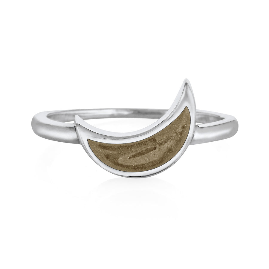Pictured here is the Crescent Moon Ashes Ring design in 14K White Gold by close by me jewelry from the front to show its light brown cremation setting