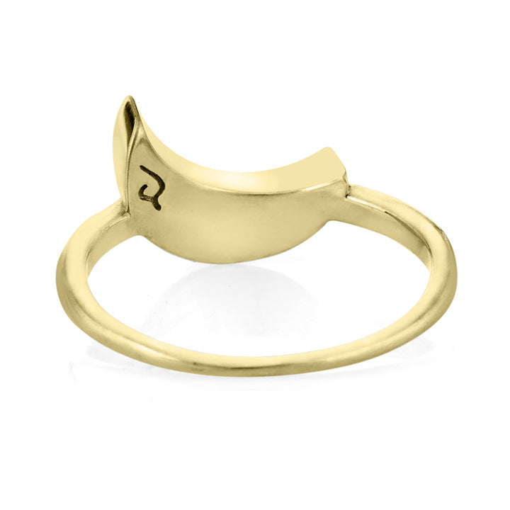 Pictured here is close by me jewelry's 14K Yellow Gold Crescent Moon Ashes Ring from the back to show the band detail and back of the setting