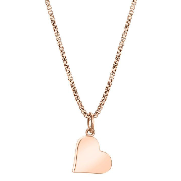 This photo shows the Dainty Heart Ashes Charm designed in 14K Rose Gold by close by me jewelry on a chain from the back