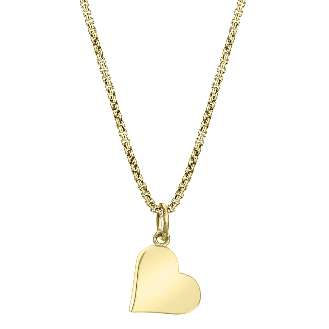 This photo shows the Dainty Heart Cremated Remains Charm designed in 14K Yellow Gold by close by me jewelry on a chain from the back