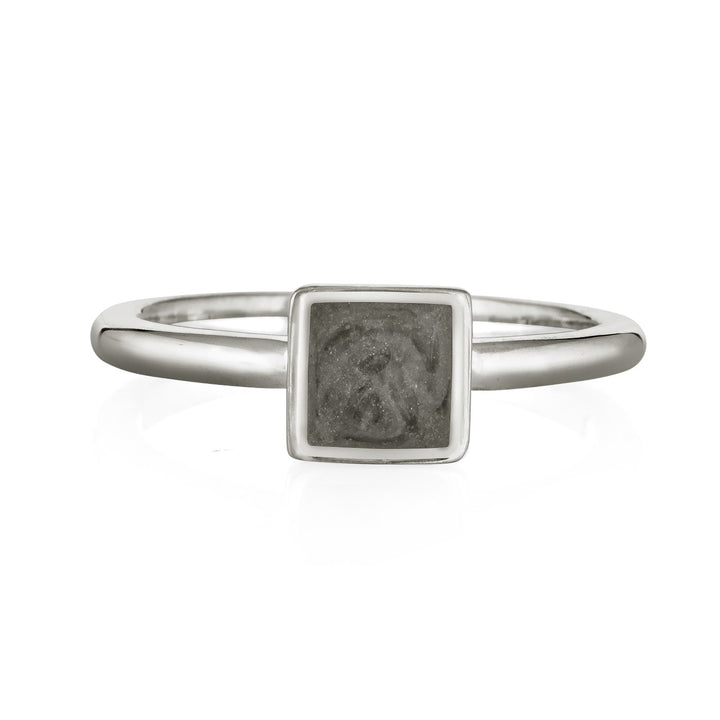 Pictured here is the Sterling Silver Dainty Square Cremation Ring by close by me jewelry from the front