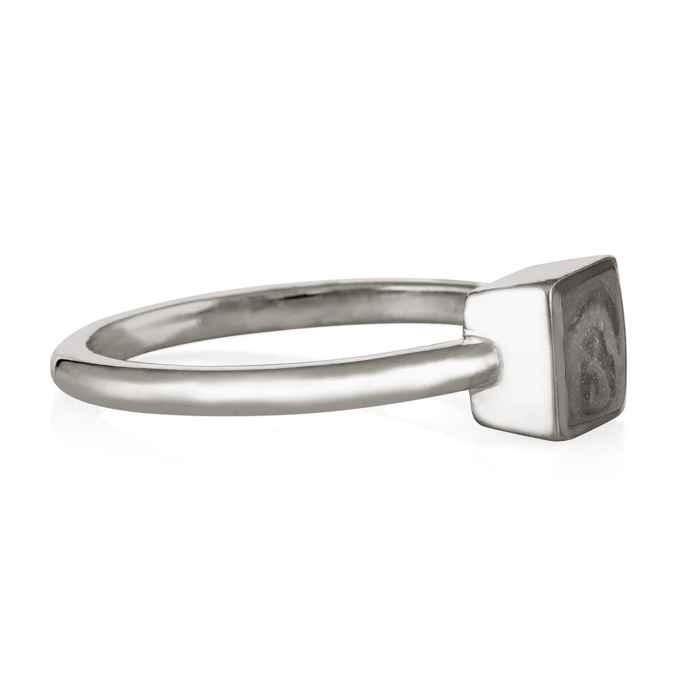 Pictured here is the Sterling Silver Dainty Square Cremation Ring by close by me jewelry from the side