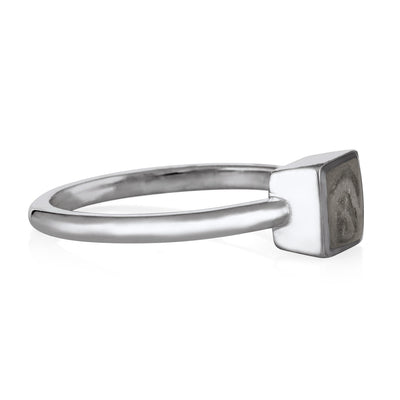 Pictured here is the Dainty Square Ashes Ring in 14K White Gold by close by me jewelry from the  side
