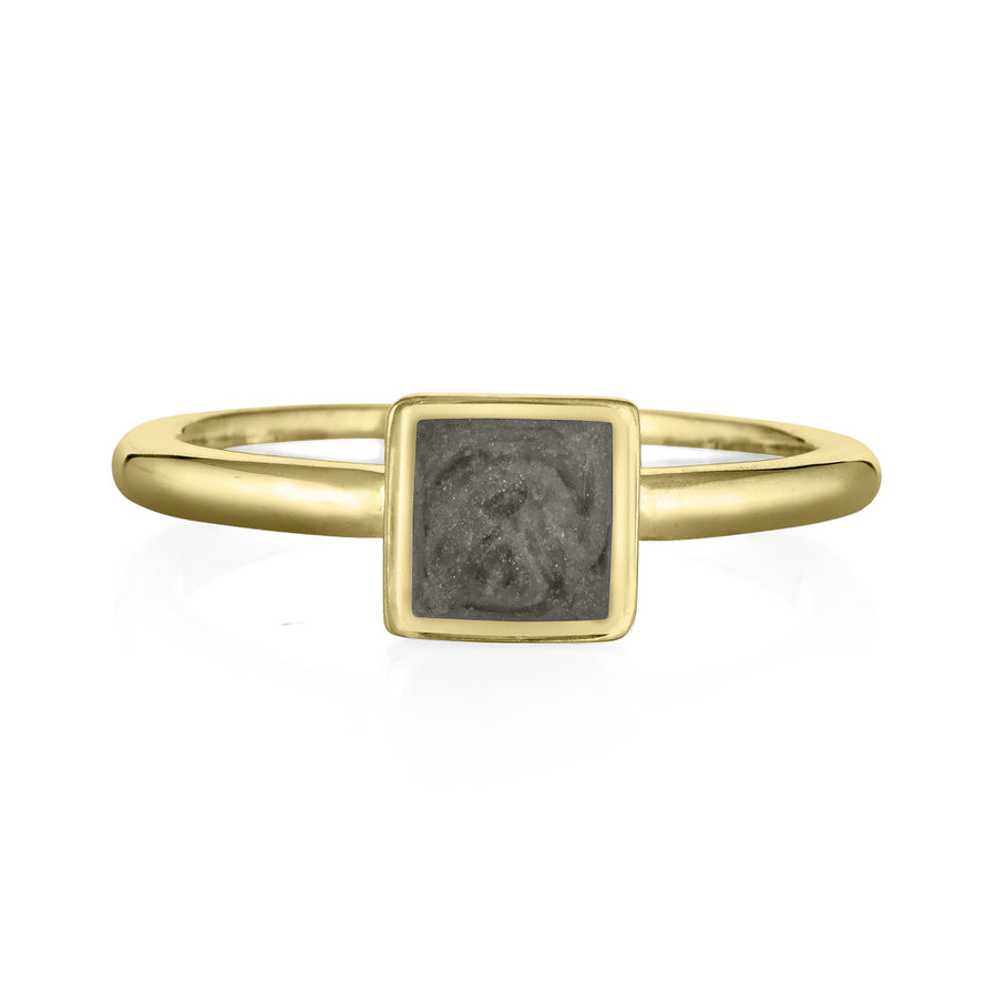 This photo shows close by me jewelry's 14K Yellow Gold Dainty Square Cremation Ring from the front