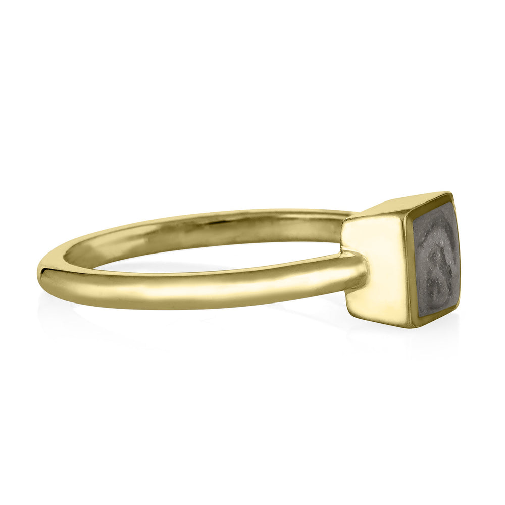 This photo shows close by me jewelry's 14K Yellow Gold Dainty Square Cremation Ring from the side