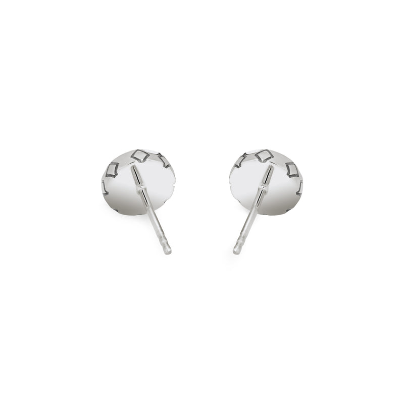 This photo shows the Detailed Circle Stud Cremains Earrings in Sterling Silver from the back