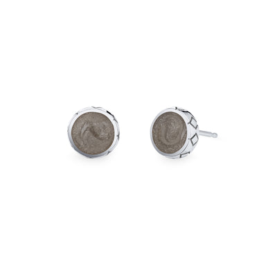 This photo shows the Detailed Circle Stud Earrings with ashes in 14K White Gold designed by close by me jewelry from the front